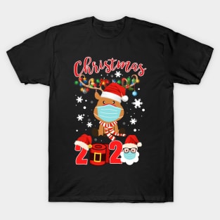 Santa Reindeer Wearing Facemask Candy Cane Snowflakes Tree light Merry Quarantine Christmas 2020 T-Shirt